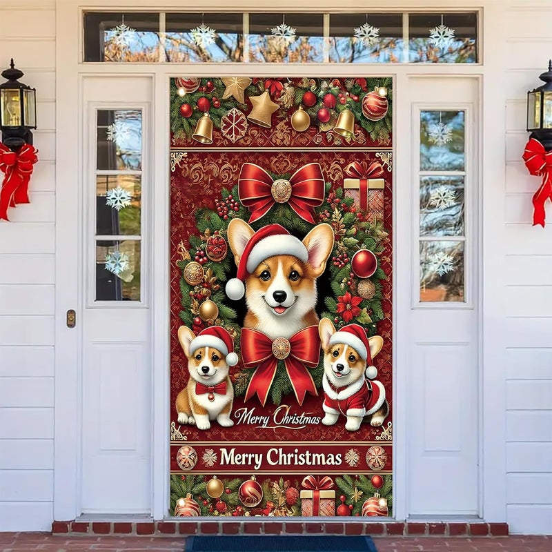 Saoplasa Christmas Corgi Door Cover Decoration 71 x 35 Inch Red Festive Banner with Cute Santa Dog Design and Holiday Wreath for Merry Christmas Wall Decor Party Welcome Backdrop Sign - Image 3
